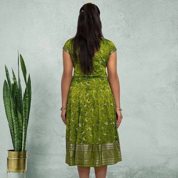 Green Silk Knee Length Dress  | Indian Festive | Indian Dress in USA - Picture 4 of 4